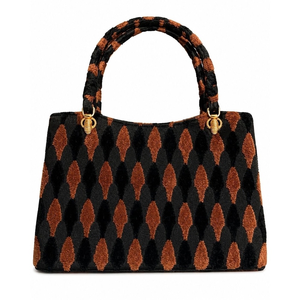 ⚜️122. 1950s Lewis Chenille Handbag Black Brown Diamond Mid Century